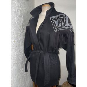 Vtg IB Diffusion Embroidered Western Black Front Collared Jacket Women Large 80s